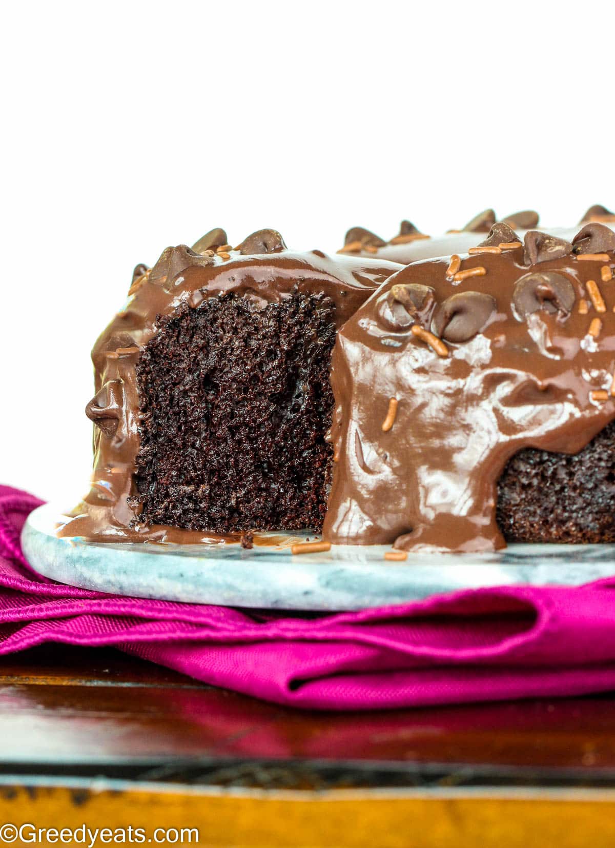 Chocolate Ganache Cake topped with easy Ganache and chocolate chips