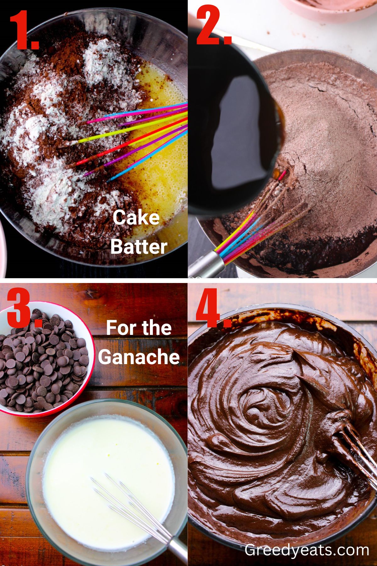 Process to make chocolate cake batter and chocolate ganache.