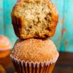 A stack of soft, fluffy Banana Muffins 2 Bananas with cinnamon sugar topping.