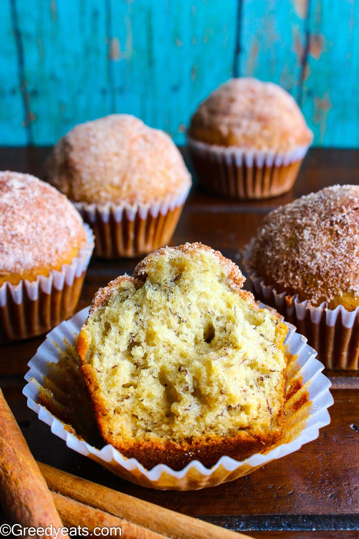 Banana Muffins made with 2 bananas, brown and granulated sugar, oil and melted butter.