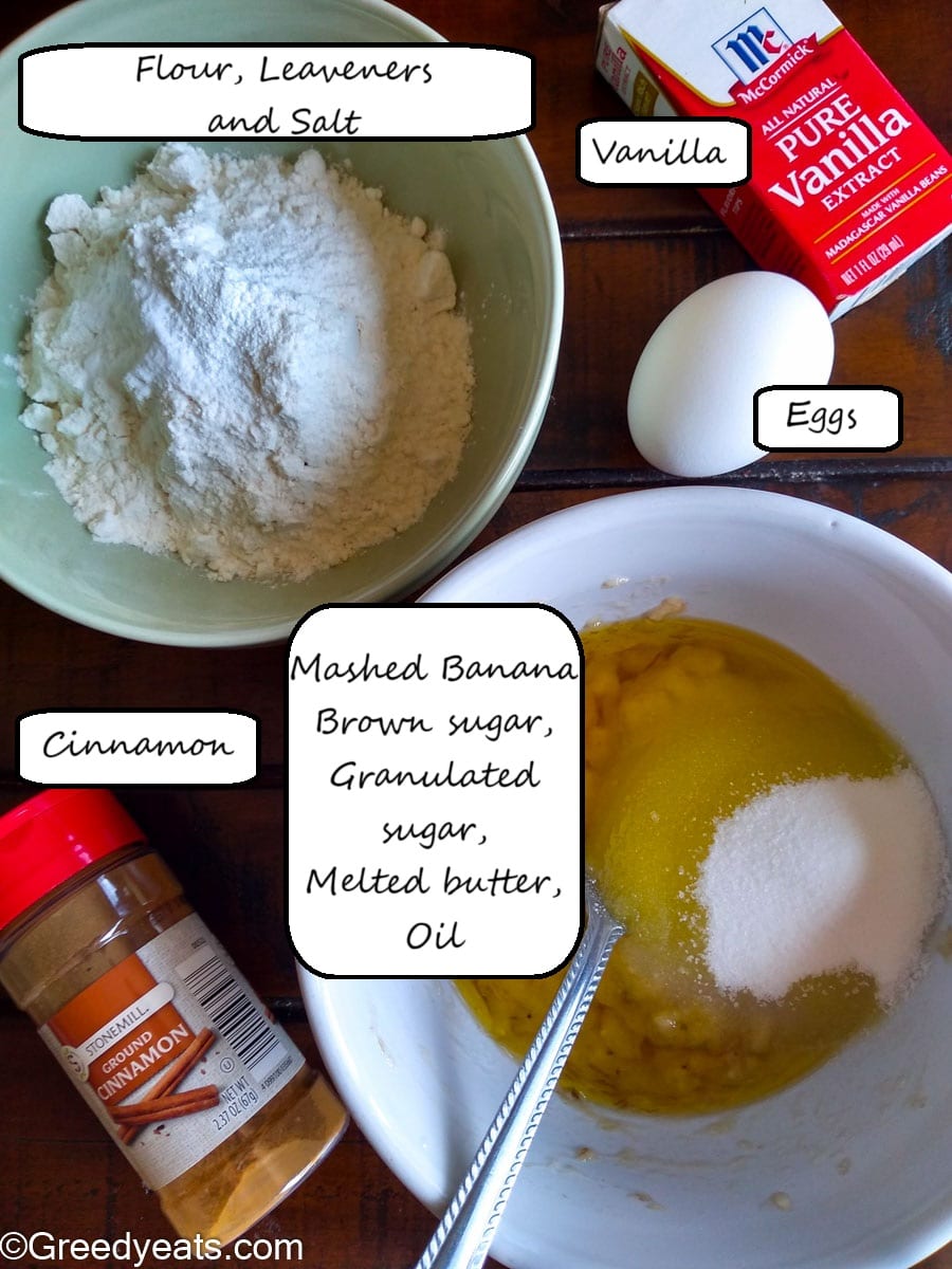 Ingredients like banana, sugar, oil, butter and leaveners for banana muffins.