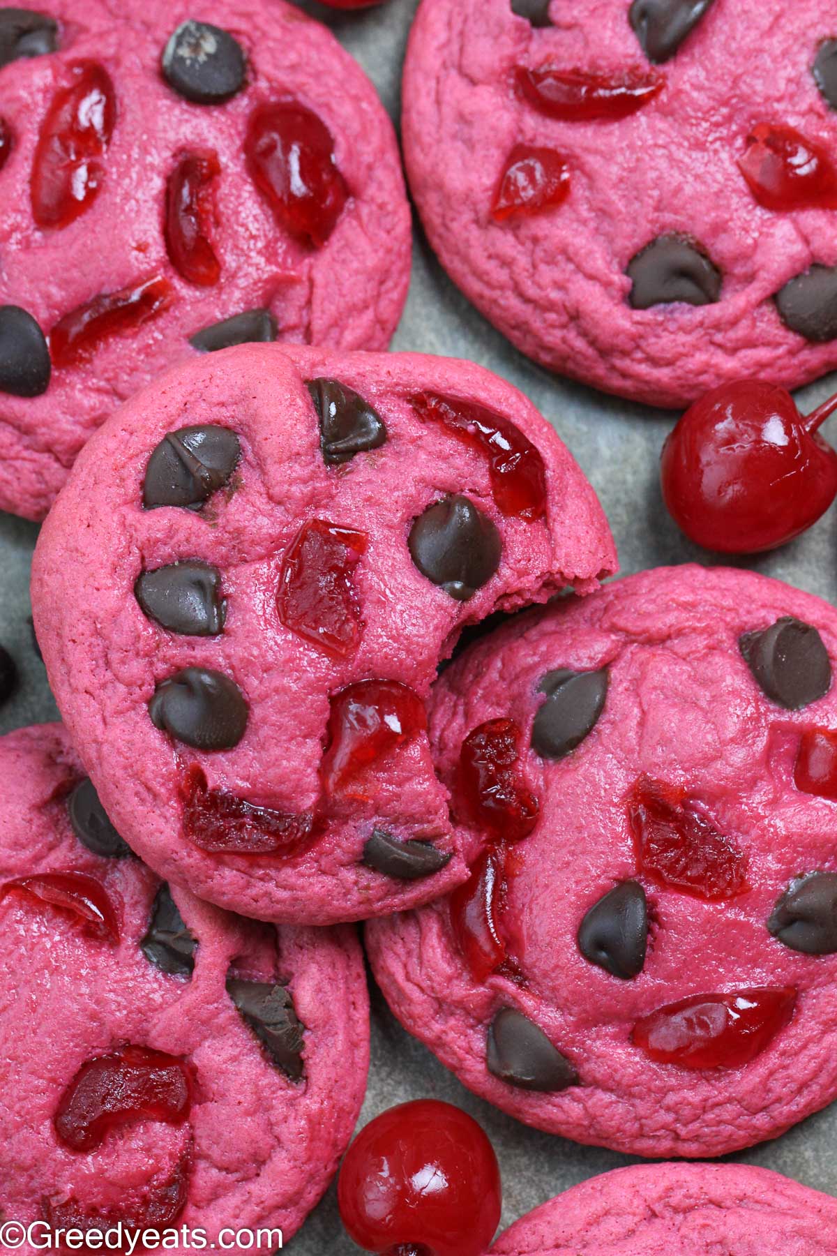 Chewy and flavor packed Cherry Cookies dotted with maraschino cherries and chocolate chips.