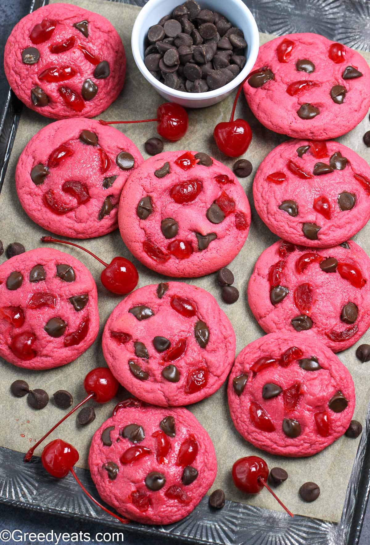 Dotted with maraschino cherries and chocolate chips these cookies bake perfectly soft and chewy.