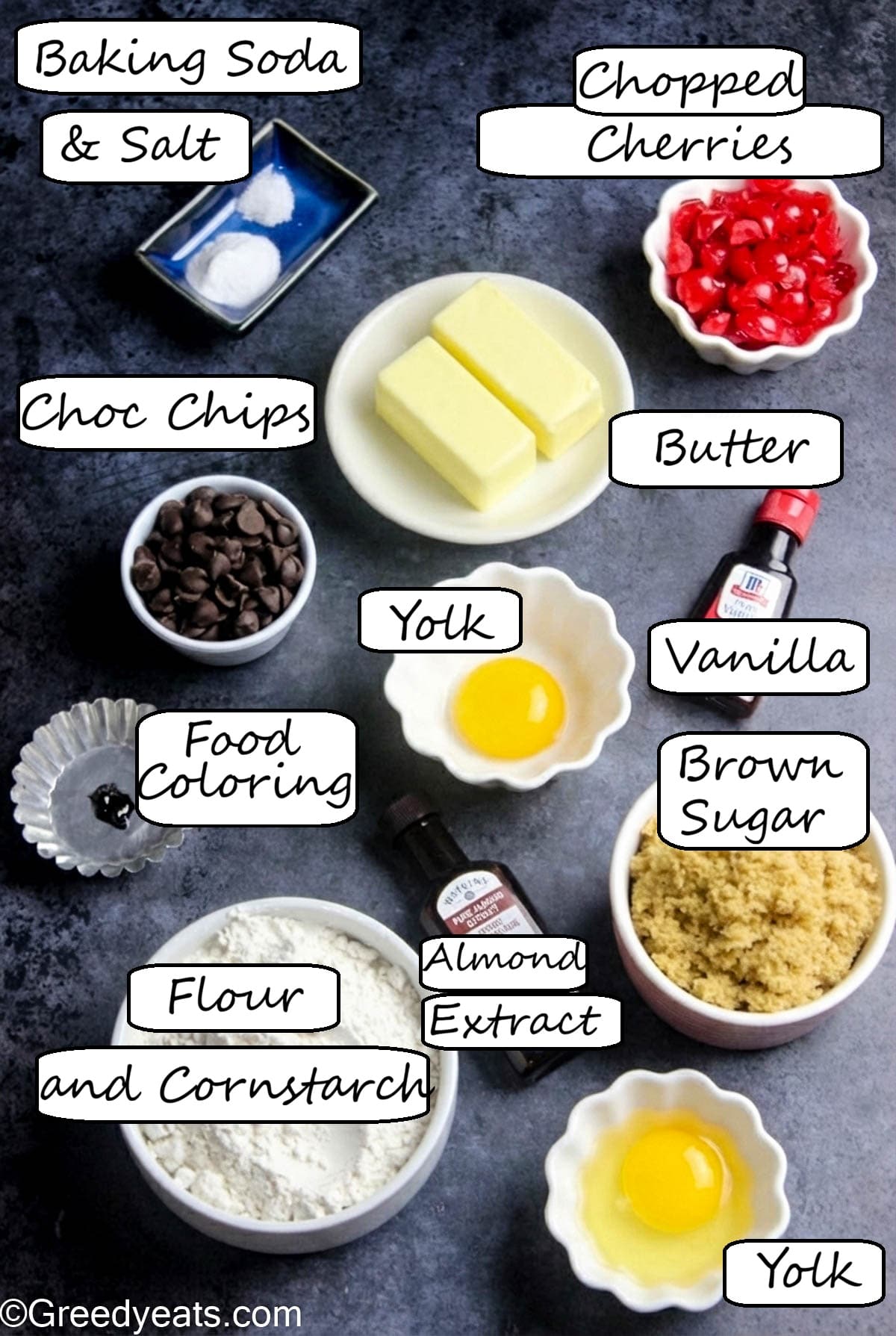 Ingredients like flour, 1 egg, 1 yolk, butter, brown sugar, cherries and chocolate chips to make cherry flavored cookies.