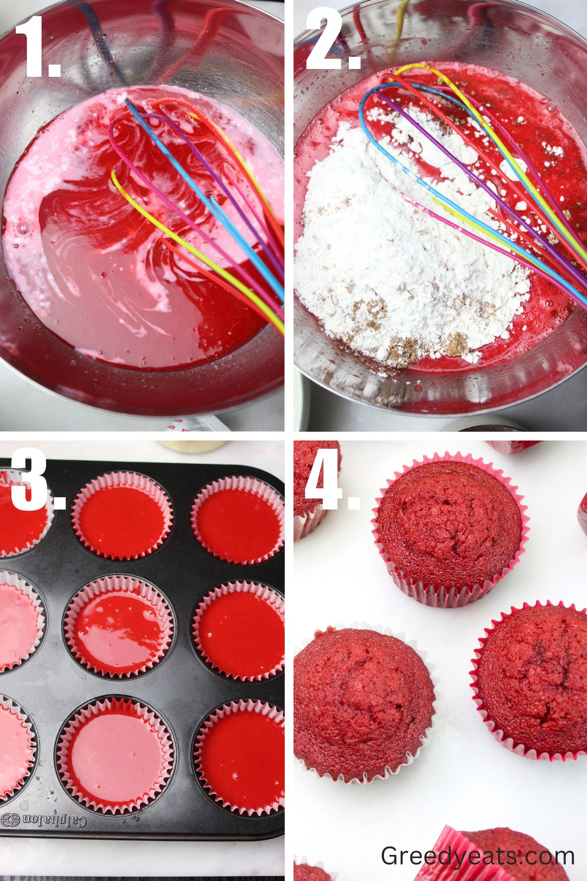 Step by step instructions on how to make red velvet cupcakes from scratch.