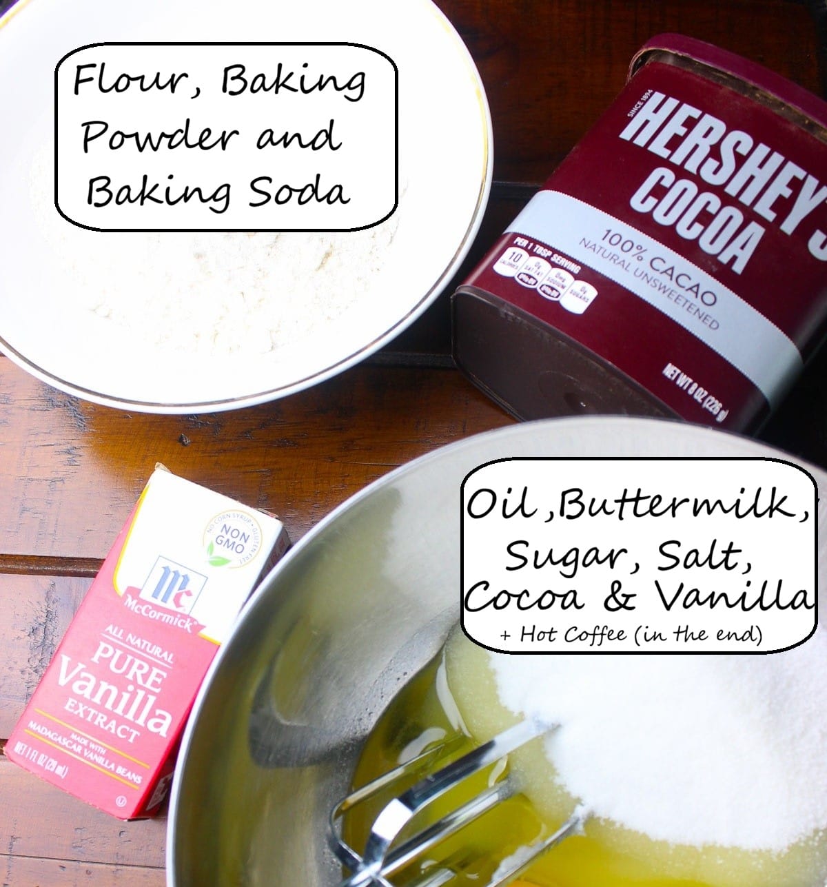 Ingredients like flour, cocoa, oil, buttermilk and leaveners needed to bake choc cake.