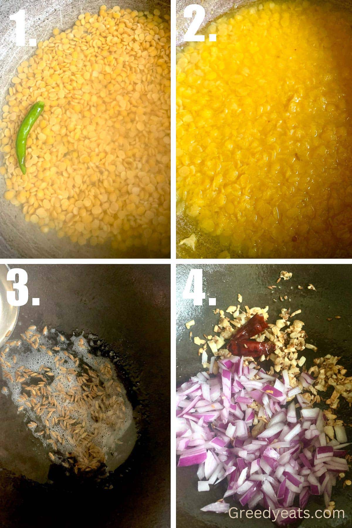 Step by step instructions on how to boil toor dal and make a tempering with onion, garlic and tomatoes.
