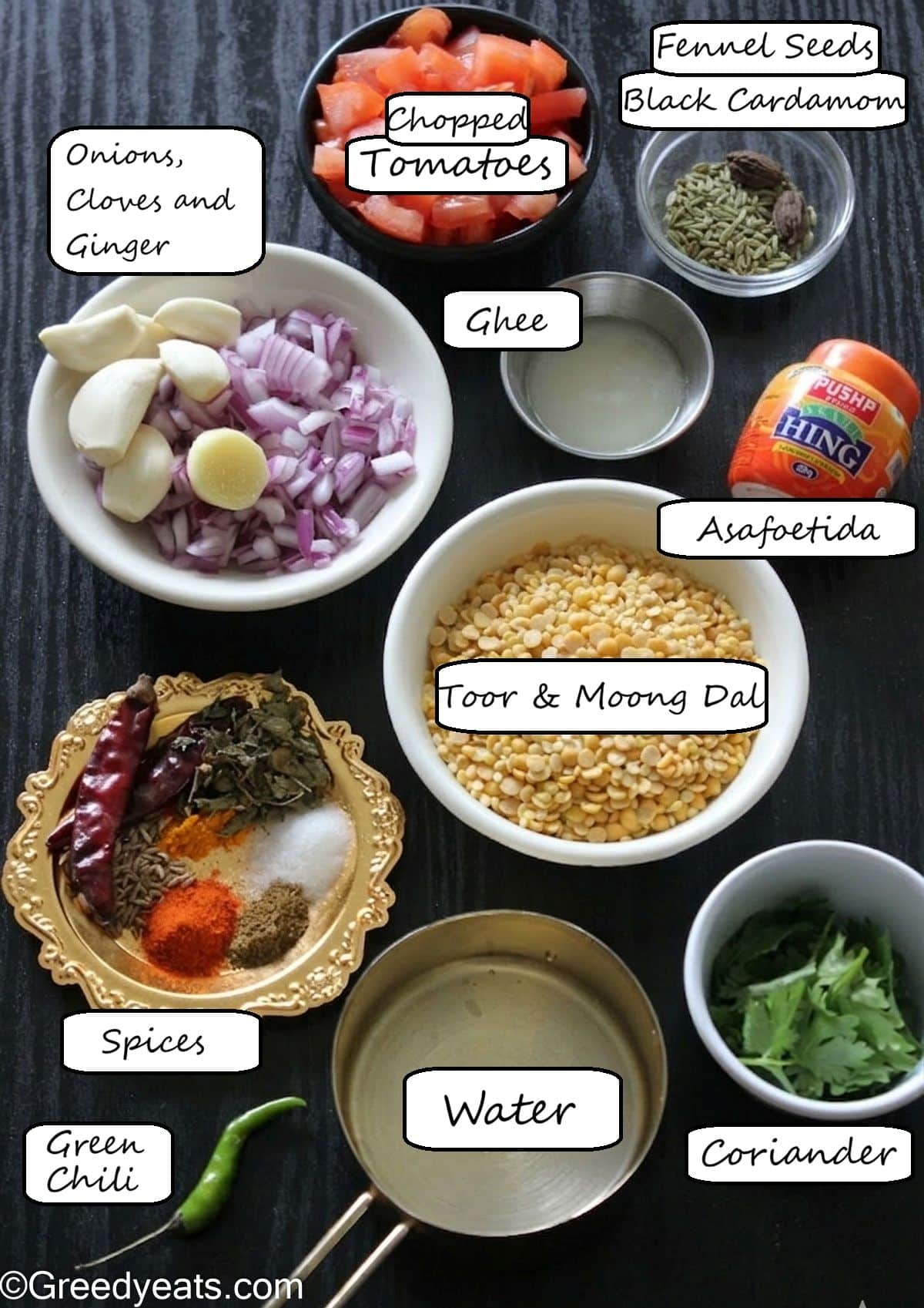 Ingredients like ghee, spices, onion, tomatoes, ginger and garlic needed to make dal recipe.