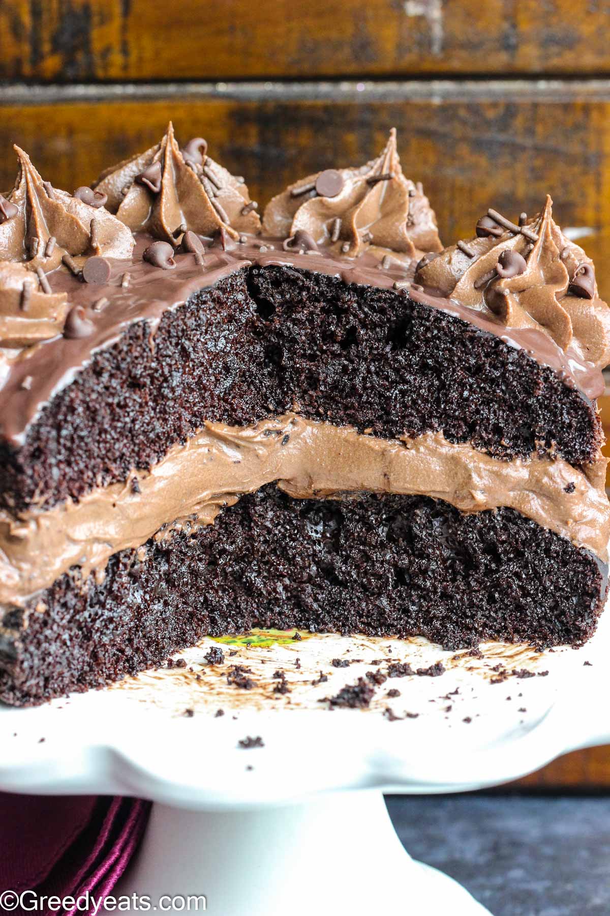 Mini Chocolate Cake topped with silky chocolate buttercream and chocolate ganache.