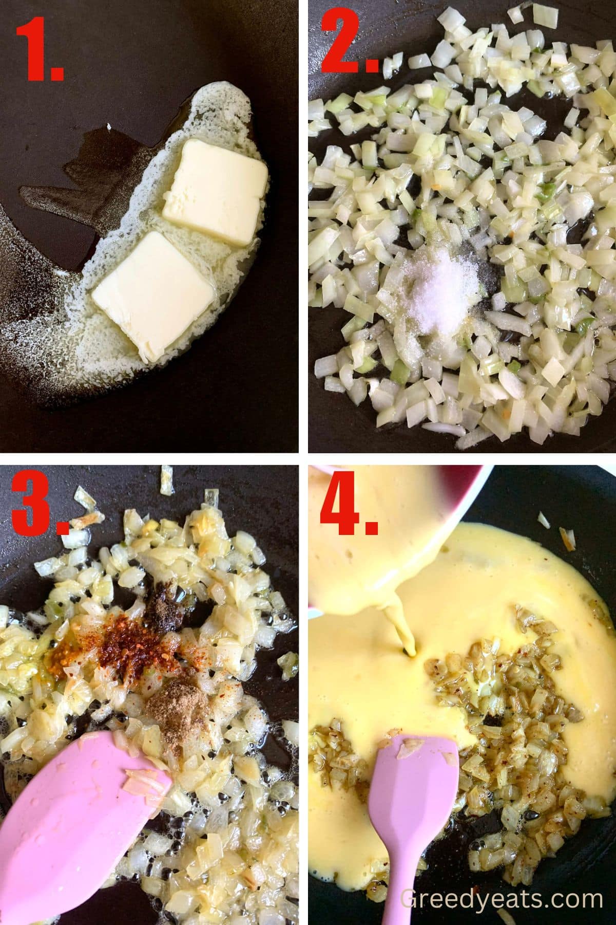 Step by step instructions on how to saute onions and green chilies in butter for bhurji recipe.