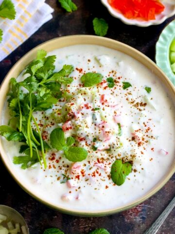 Easy 10 minutes raita Recipe made with whole milk yogurt and veggies.