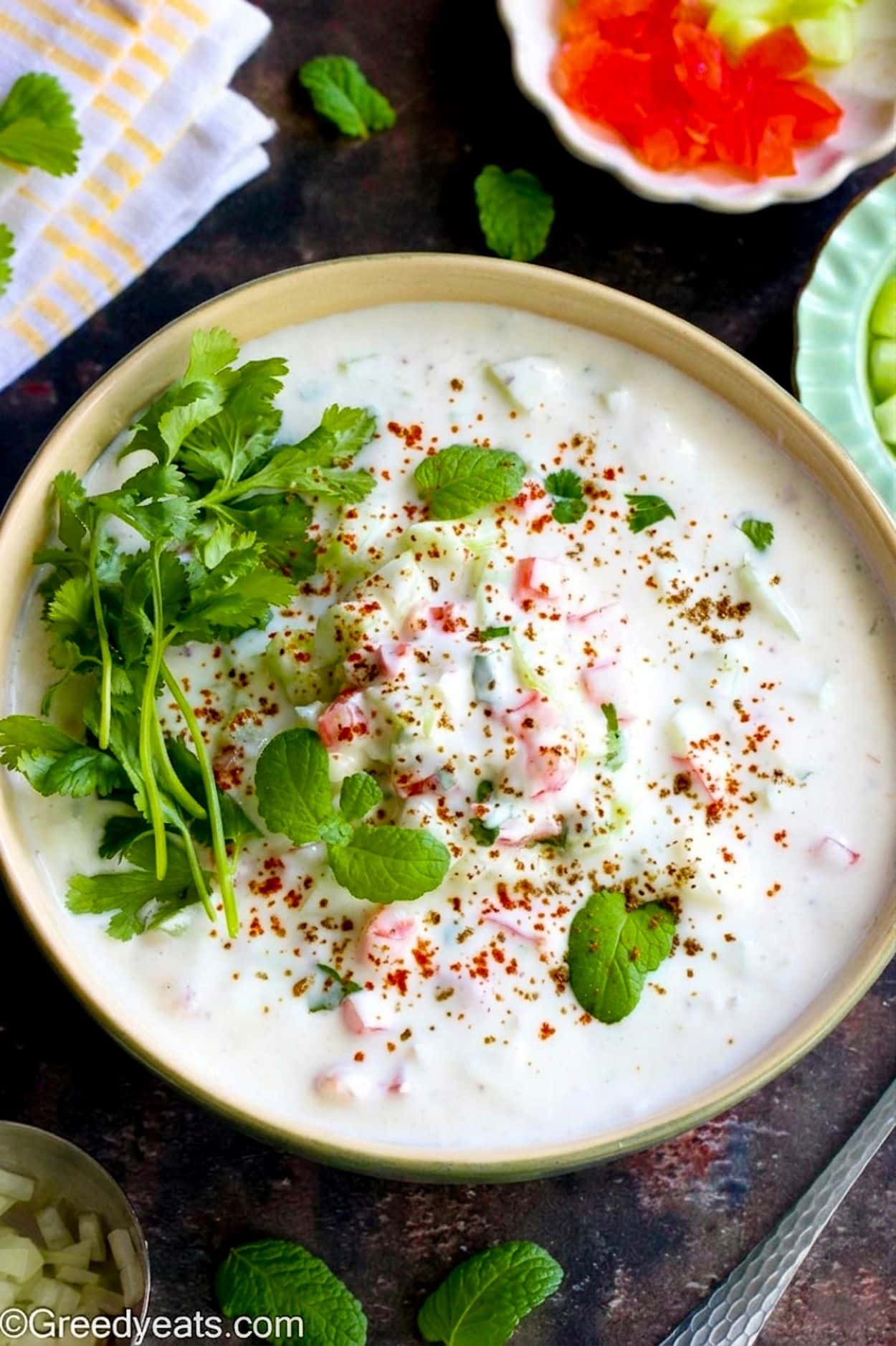 Easy 10 minutes raita Recipe made with whole milk yogurt and veggies.