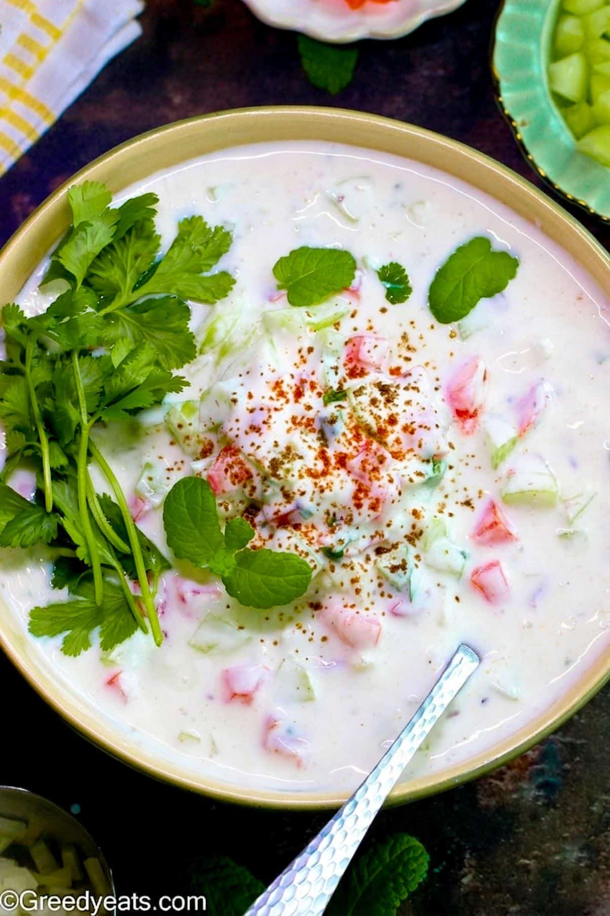 Easy 10 minutes raita sauce perfect to serve with biryani and spicy curries.
