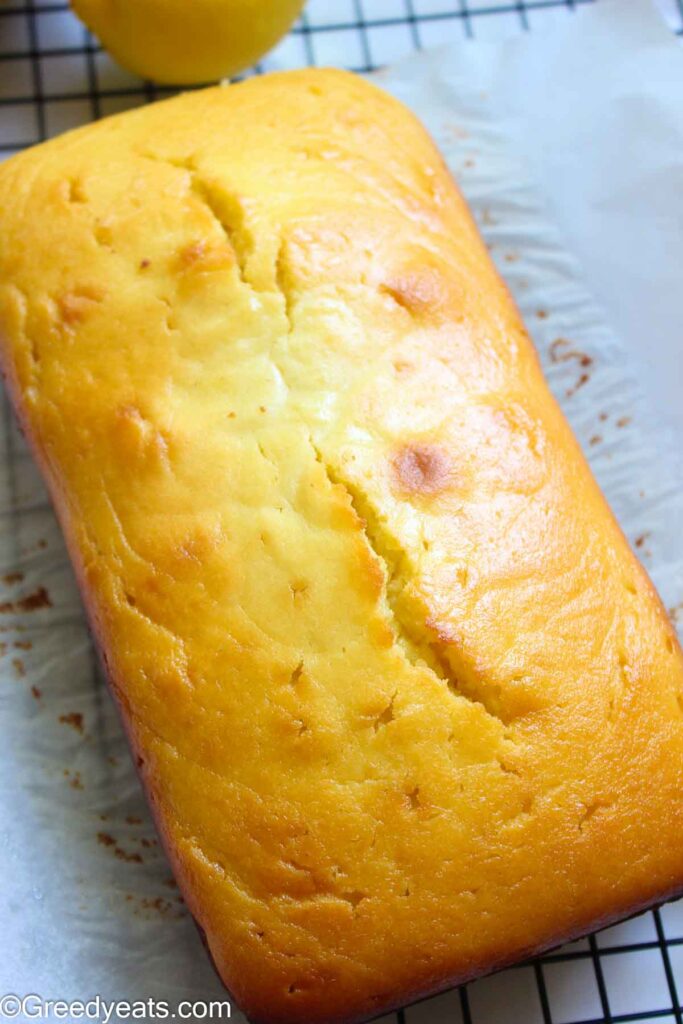 Freshly baked lemon cake made with olive oil and greek yogurt.