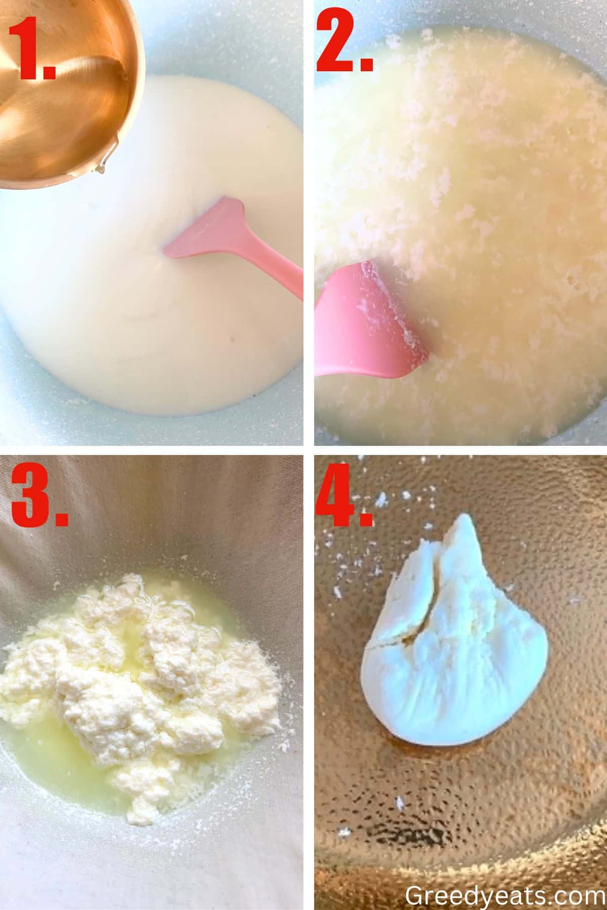 Step by step visual on how to curdle milk and strain it, then hang it to make chenna balls.