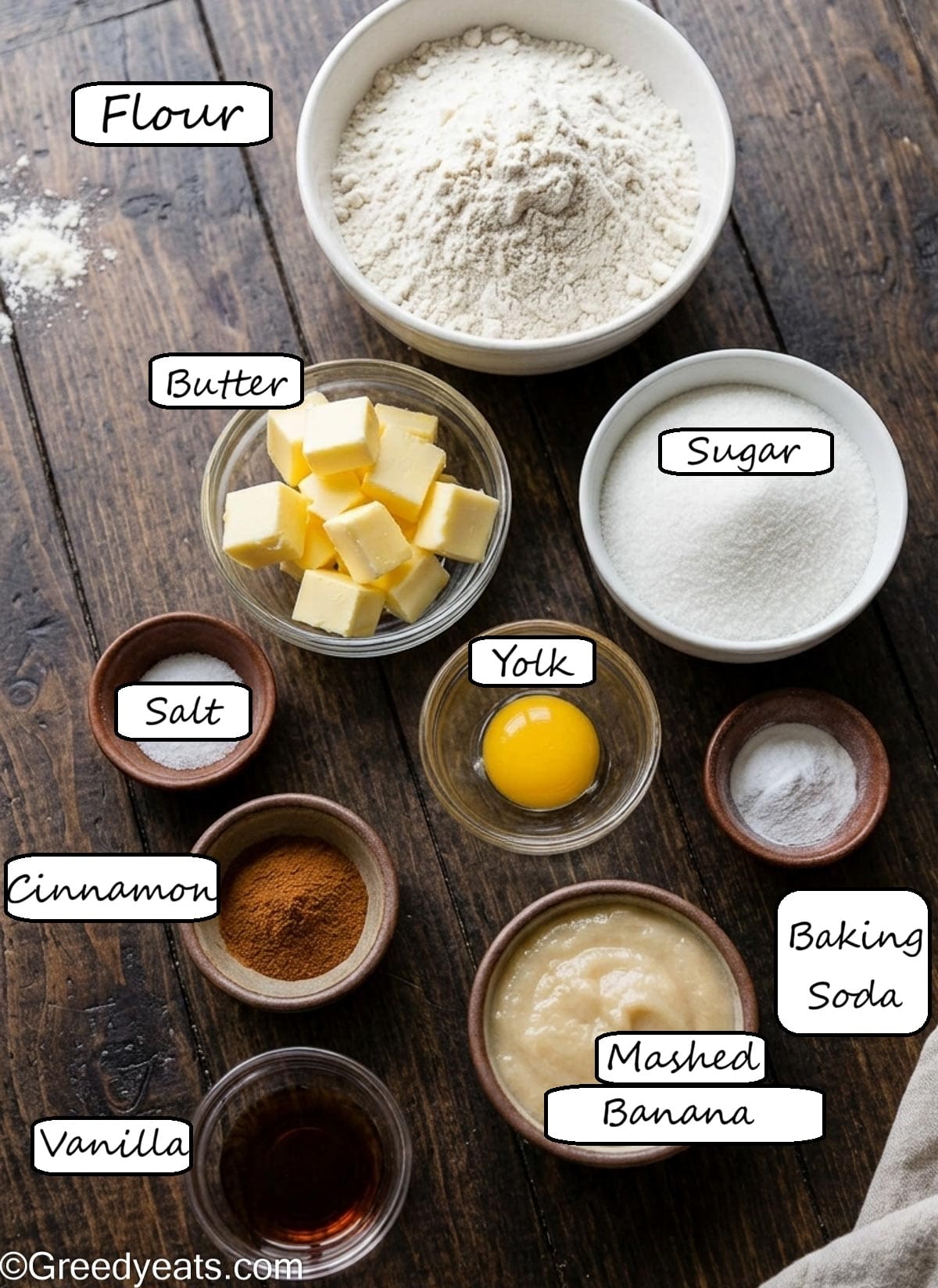 Ingredients like butter, sugar, banana puree, yolk, salt and baking soda to make banana cookies