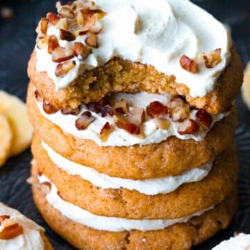 Soft, moist and chewy Banana Bread Cookies topped with cream cheese frosting.