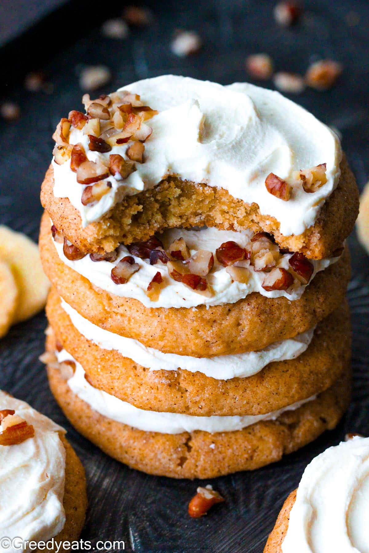 Soft, moist and chewy Banana Bread Cookies topped with cream cheese frosting.