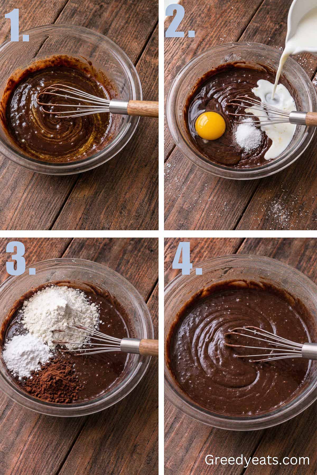 Step by step visuals on how to make the batter for a peanut butter chocolate mug cake.