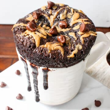 Soft and fluffy Peanut Butter Mug Cake made in microwave in under 5 minutes topped with more peanut butter.