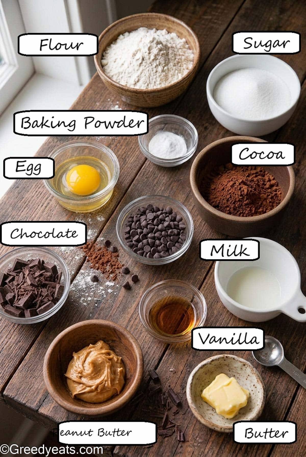 Ingredients like flour, egg, peanut butter, sugar, butter and vanilla required to make PB Mug Cake