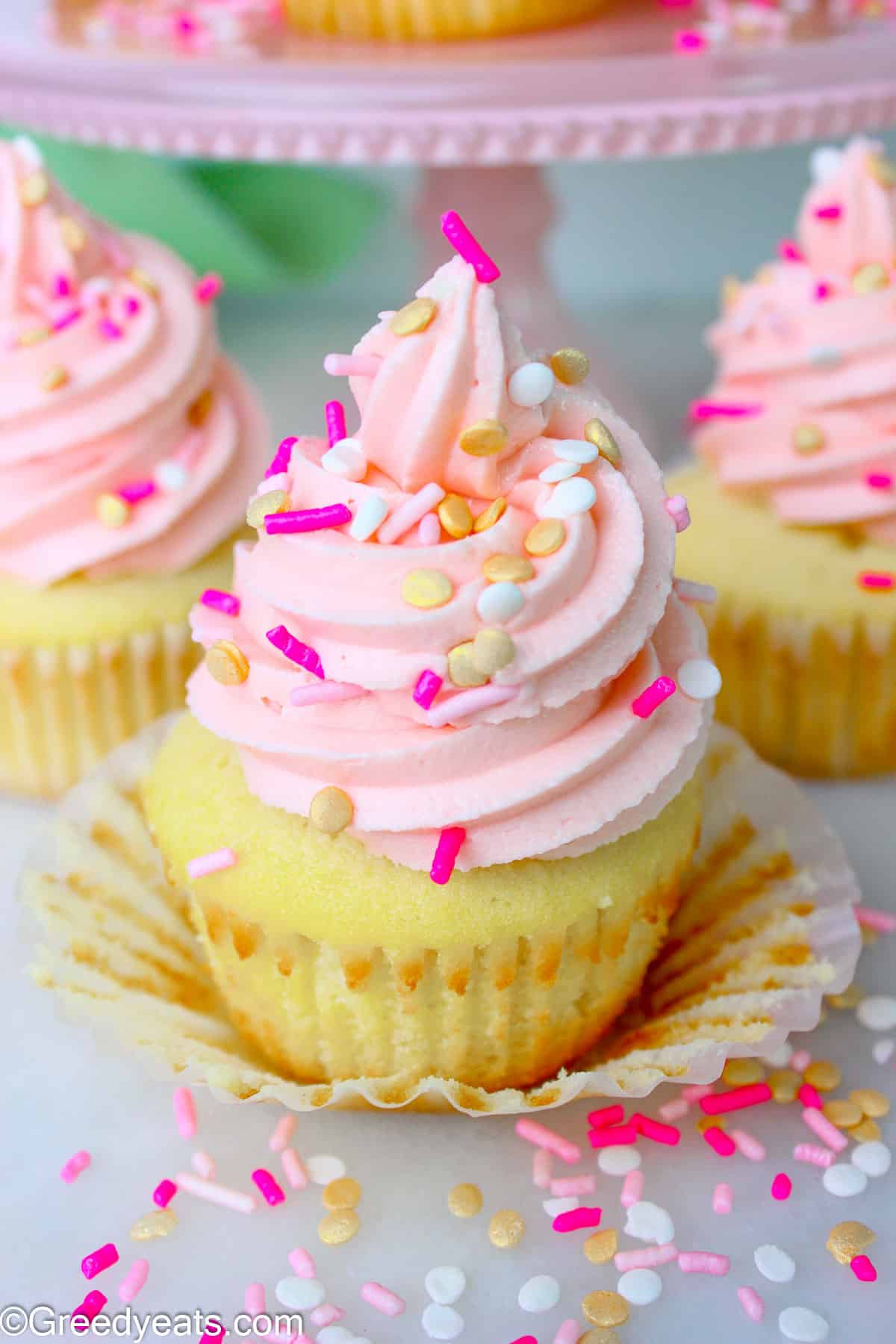 Vanilla cupcakes topped with a silky, smooth and velvety Vanilla Buttercream frosting.