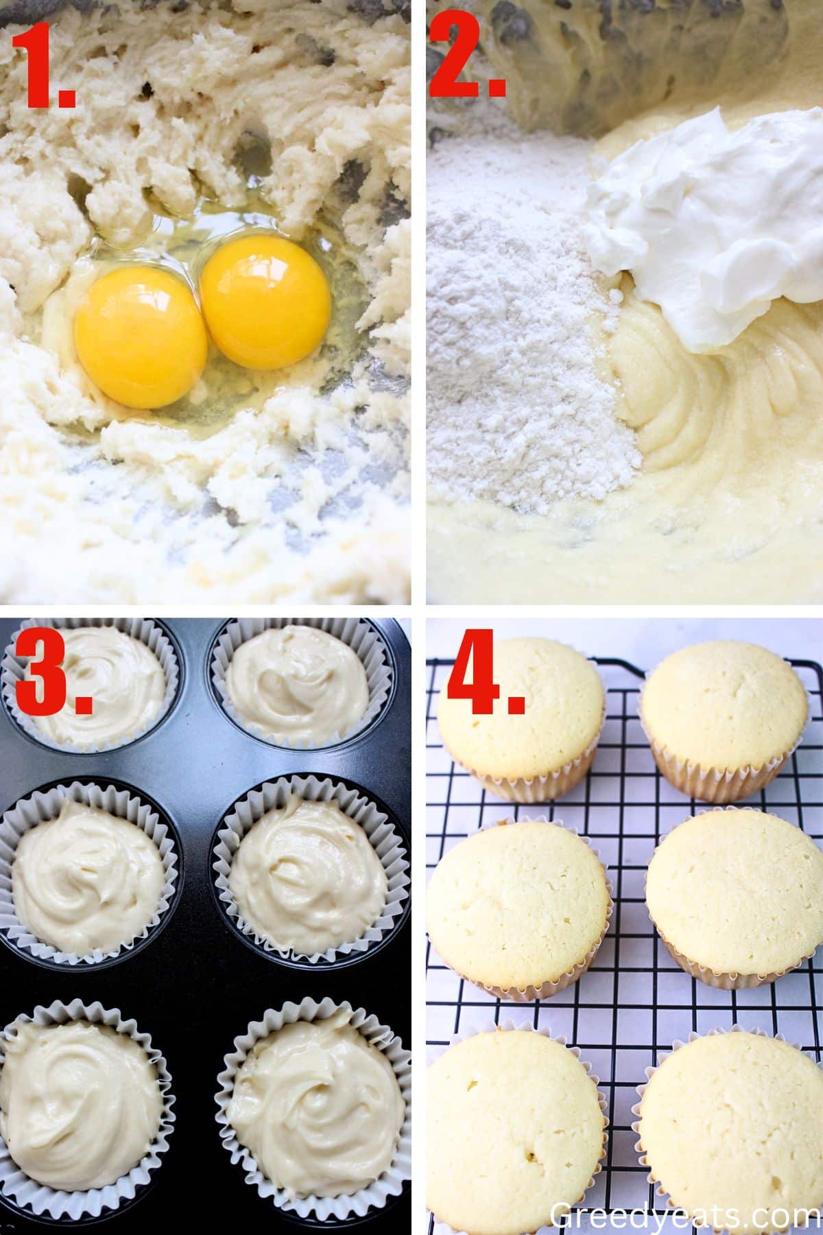 Step by step visuals on how to cream butter and sugar. How to mix dry ingredients and make vanilla cupcake butter.