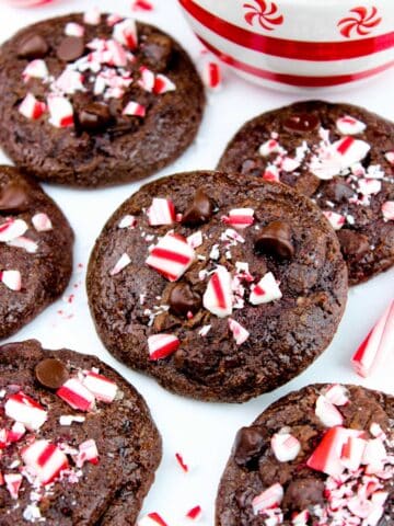 Rich, fudgy and decadent Chocolate Peppermint Cookies flavored with crushed candy canes and chocolate chips
