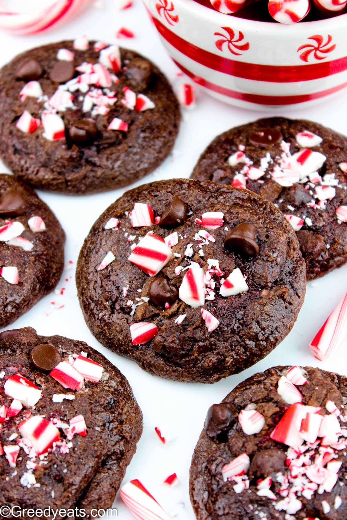 Rich, fudgy and decadent Chocolate Peppermint Cookies flavored with crushed candy canes and chocolate chips