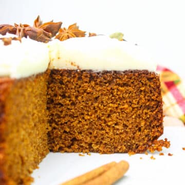 Super moist Spice Cake Recipe topped with a luscious cream cheese frosting.