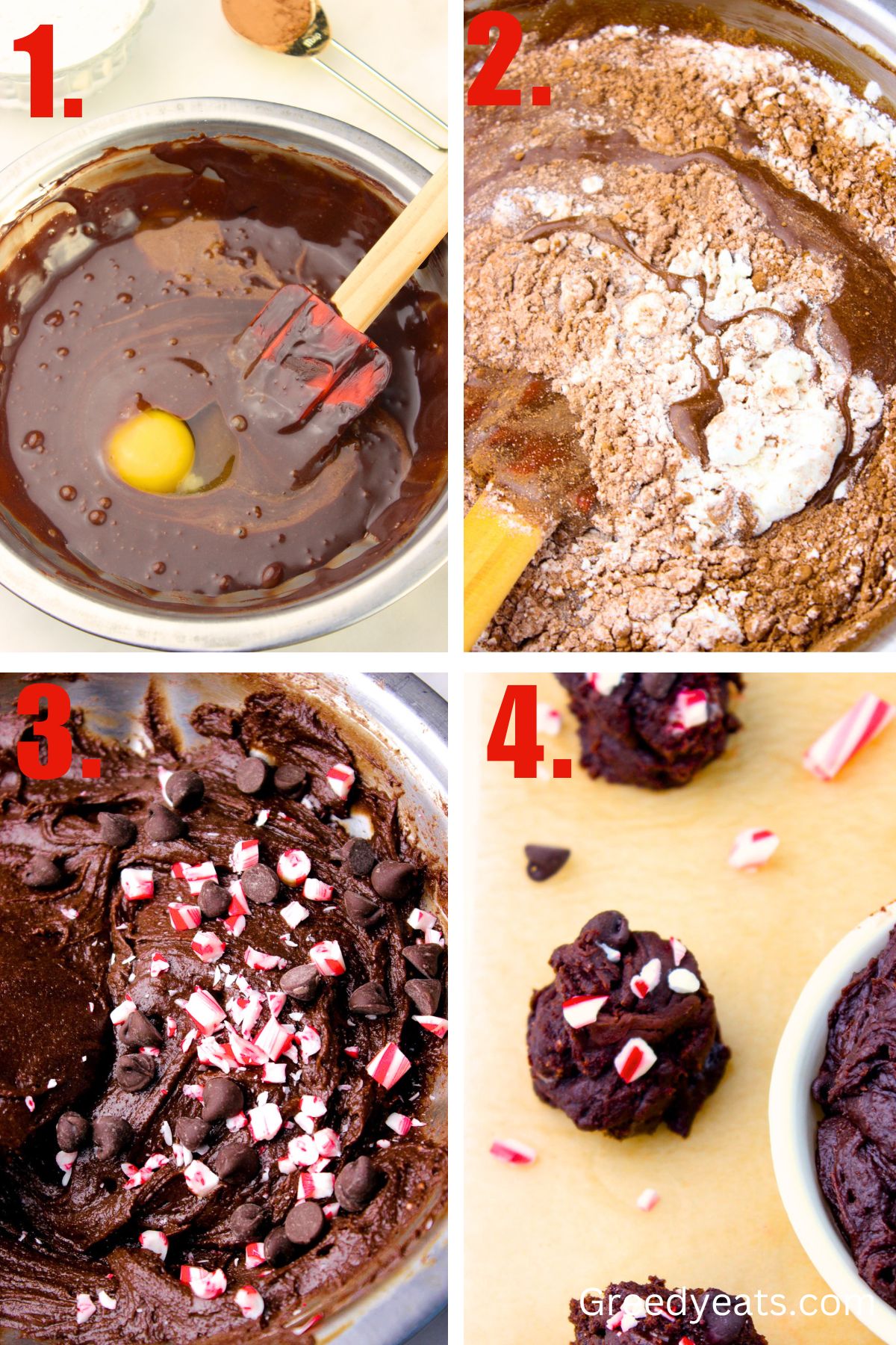 Step by step visuals on how to make peppermint flavored chocolate cookies for Holidays!